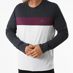 Promo 🥰 Tee 👚 Shirt Manches Longues 50460248 Gris Chiné Bleu Marine de BOSS 🤩