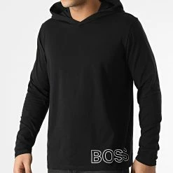 Nouveau ❤️ Tee 👕 Shirt A Manches Longues Capuche Identity 50463496 Noir Argenté de BOSS 👏