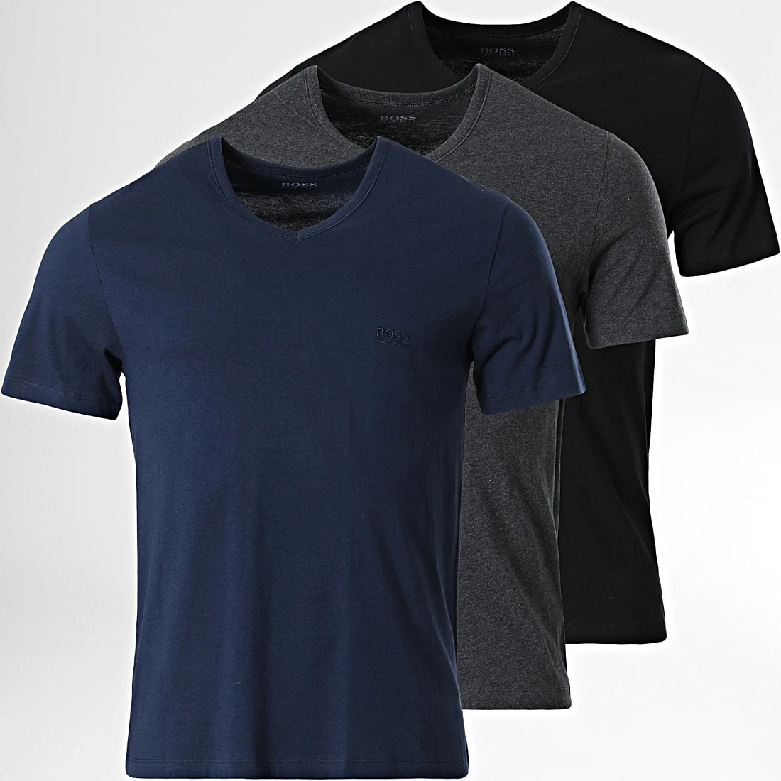 Tout neuf 🧨 Lot De 3 Tee 👕 Shirts Col V 50325389 Bleu Marine Noir Gris Anthracite Chiné de BOSS 🎉