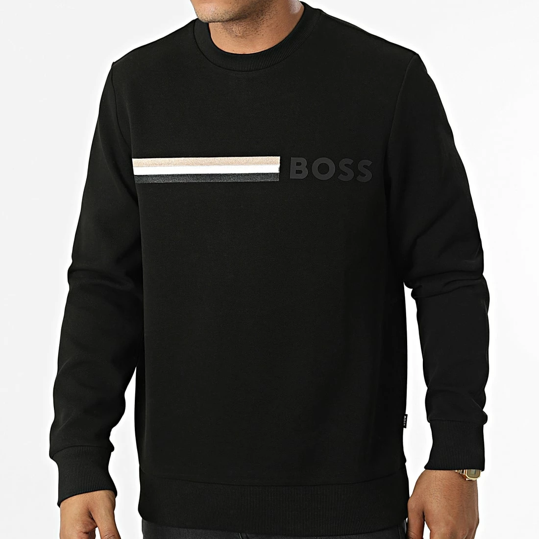 Remise ✨ Sweat Crewneck A Bandes 50471712 Noir de BOSS 🌟