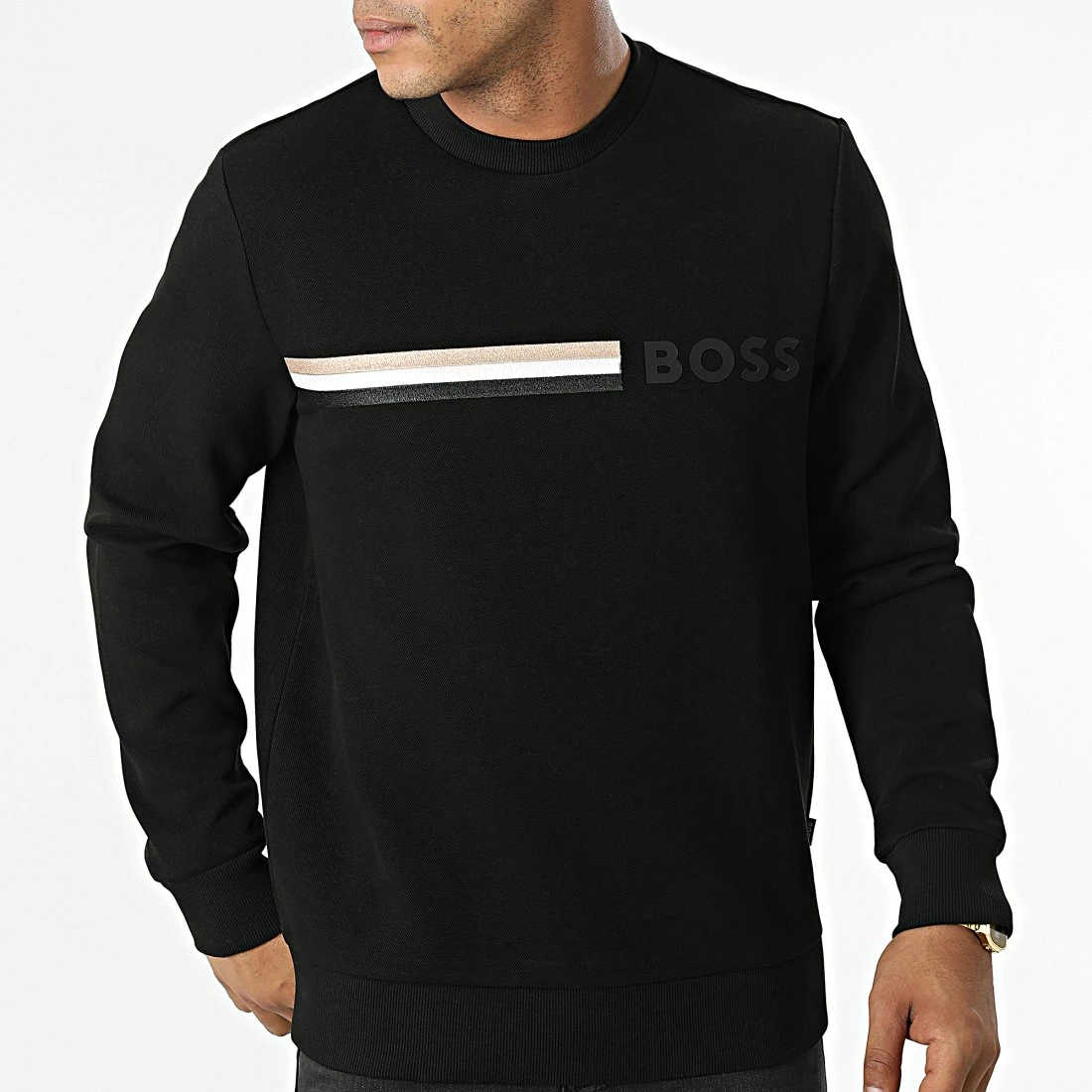 Remise ✨ Sweat Crewneck A Bandes 50471712 Noir de BOSS 🌟 – Image 3