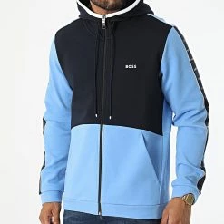 Budget 👍 Sweat Zippé Capuche A Bandes 50477042 Bleu de BOSS 🥰