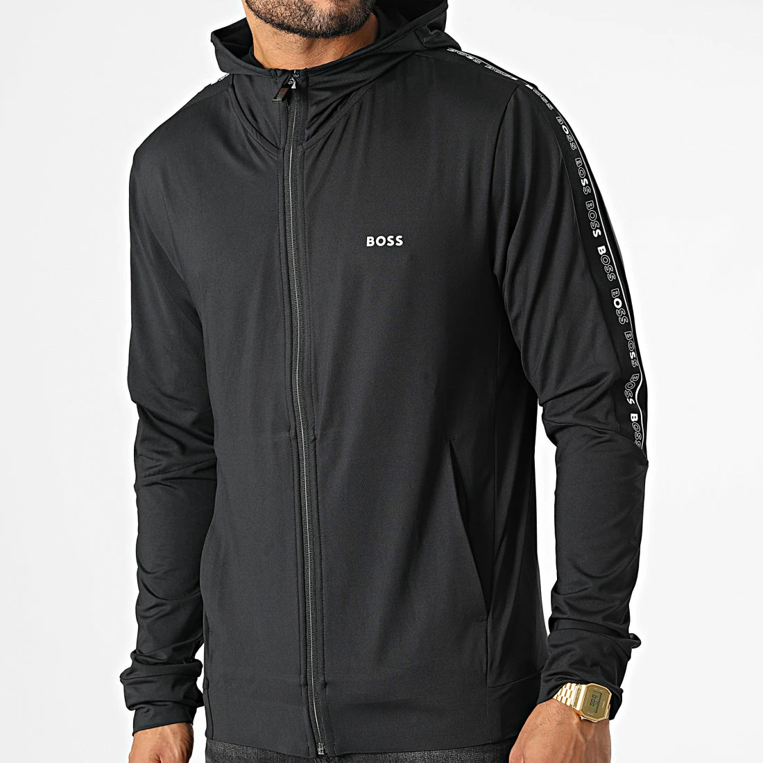 Meilleure affaire ⌛ Veste Zippée Capuche A Bandes Sicon Gym 50472367 Noir de BOSS 🥰