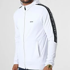 Meilleur prix 💯 Veste Zippée Capuche A Bandes Sicon Gym 50472367 Blanc de BOSS 🧨