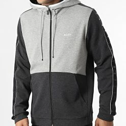 Offres 🔔 Sweat Zippé Capuche A Bandes 50477042 Gris Chiné Gris Anthracite Chiné de BOSS 🛒